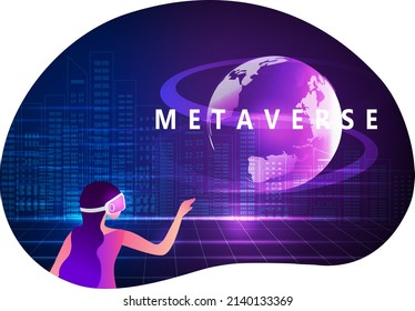 Woman wearing virtual reality goggle glass, having 3d experience in virtual reality in universe world vector illustration. Metaverse and blockchain 3D experience technology concept