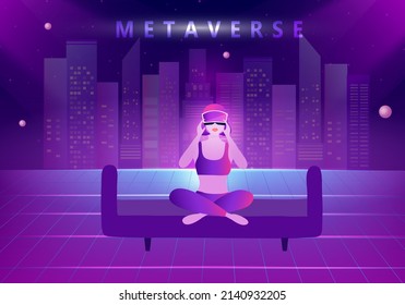 Woman wearing virtual reality goggle glass, having 3d experience in virtual reality in universe world vector illustration. Metaverse and blockchain 3D experience technology concept