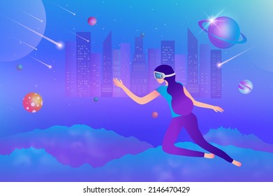 Woman wearing virtual reality goggle glass, having 3d experience in virtual reality in universe world vector illustration. Metaverse and blockchain 3D experience technology concept