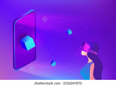 Woman wearing virtual reality goggle glass, having 3d experience in virtual reality in metaverse and blockchain world vector illustration. Metaverse and blockchain 3D experience technology concept