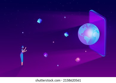 Woman wearing virtual reality goggle glass, having 3d experience in virtual reality in metaverse world vector illustration. Metaverse and blockchain 3D experience technology concept