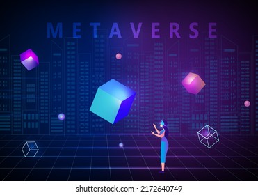 Woman wearing virtual reality goggle glass, having 3d experience in virtual reality in universe world vector illustration. Metaverse and blockchain 3D experience technology concept