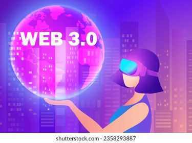 Woman wearing virtual reality goggle glass holding global with web 3.0, new version website using blockchain technology, cryptocurrency, and NFT art. Web 3.0 concept Vector illustration