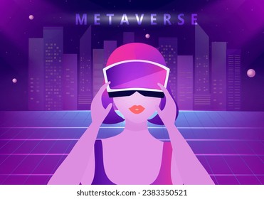 Woman wearing virtual reality goggle glass, having 3d experience in virtual reality  vector illustration. Metaverse and blockchain 3D experience technology concept
