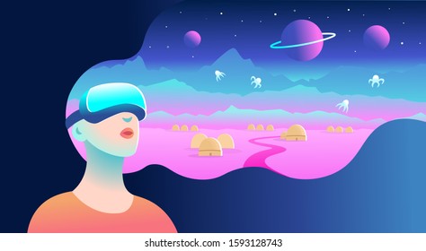 Woman wearing virtual reality goggles and seeing the cosmic landscape. Vector illustration