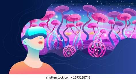 Woman wearing virtual reality goggles and seeing the cosmic landscape. Vector illustration