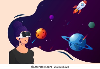 Woman Wearing Virtual Reality Goggles with a Cosmic Space View Vector Illustration
