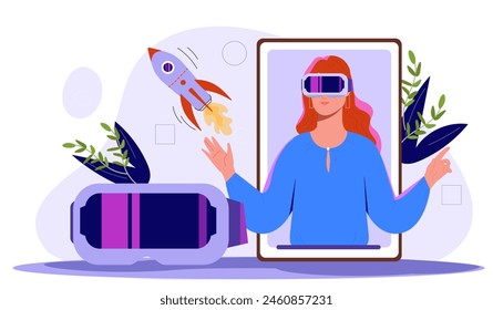 A woman wearing virtual reality goggles with floating illustrations including a rocket, purple background, vector illustration, technology concept