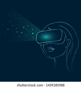 Woman wearing virtual reality headset and looking at abstract dots . Abstract vr world with neon lines. Virtual reality glasses. Connection abstract vector structure. Vector illustration