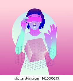 Woman wearing virtual reality headset, consept of futuristic immersive and interactive education or gaming. Synthwave or Outrun retrofuturistic style illustration with neon vibrant color accents.