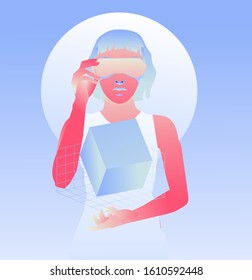 Woman wearing virtual reality headset, consept of futuristic immersive and interactive education or gaming. Cyberpunk retrofuturistic style illustration with neon vibrant color accents.