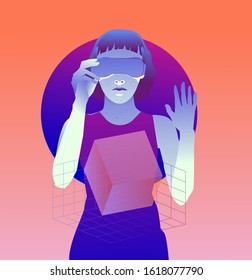 Woman wearing virtual reality headset, consept of futuristic immersive and interactive education or gaming. Cyberpunk retrofuturistic style illustration with neon vibrant color accents.