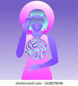 Woman wearing virtual reality headset, consept of futuristic immersive and interactive education or gaming. Cyberpunk retrofuturistic style illustration with neon vibrant color accents.