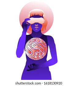 Woman wearing virtual reality headset, consept of futuristic immersive and interactive education or gaming. Cyberpunk retrofuturistic style illustration with neon vibrant color accents.
