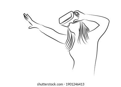 Woman wearing virtual reality headset and looking at abstract. Colorful vr world. Vector illustration