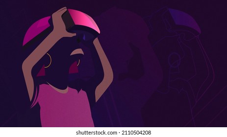 Woman Wearing Virtual Reality Headset VR. Crypto Gaming, Metaverse and New Technology Concept. Horizontal Purple and Pink Background with Semi Transparent Projections and Triangles. EPS Vector Illustr
