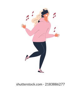 Woman Wearing Virtual Reality Headset Dancing to Music Immersed in Abstract VR World Vector Illustration