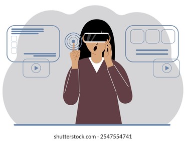 A woman wearing a virtual reality headset studies, works, plays and works. Vector flat illustration