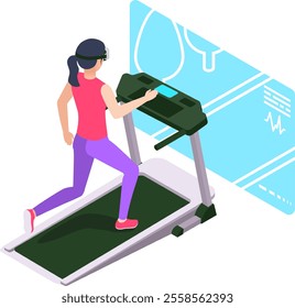 Woman wearing a virtual reality headset runs on a treadmill, engaging with a futuristic interface that displays a map and health data for an immersive fitness experience