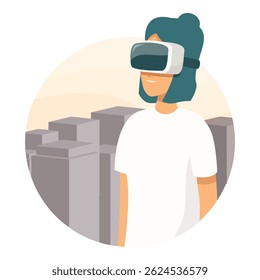 Woman is wearing virtual reality headset and exploring metaverse standing on cityscape background