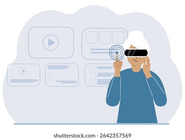 A woman wearing a virtual reality headset studies, works, plays and works. Vector flat illustration