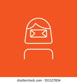 Woman wearing virtual reality headset line icon for web, mobile and infographics. Vector white icon isolated on red background.