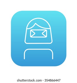 Woman wearing virtual reality headset line icon for web, mobile and infographics. Vector white icon on the blue gradient square with rounded corners isolated on white background.