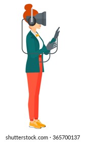 Woman wearing virtual reality headset.