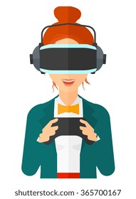 Woman wearing virtual reality headset.