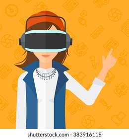 Woman wearing virtual reality headset.