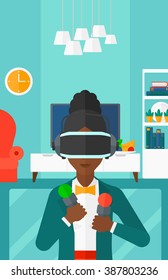 Woman wearing virtual reality headset.