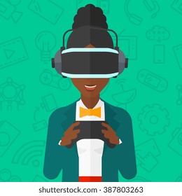 Woman wearing virtual reality headset.