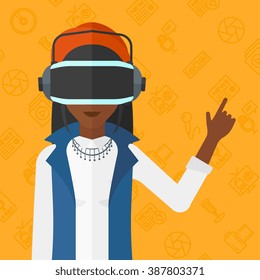 Woman wearing virtual reality headset.