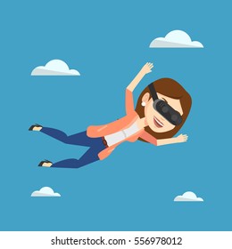 Woman wearing virtual reality headset and flying in the sky. Woman in vr device having fun while playing videogame. Woman flying in virtual reality. Vector flat design illustration. Square layout.