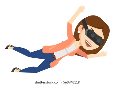 Woman wearing virtual reality headset and flying. Woman in vr device having fun while playing videogame. Woman flying in virtual reality. Vector flat design illustration isolated on white background.