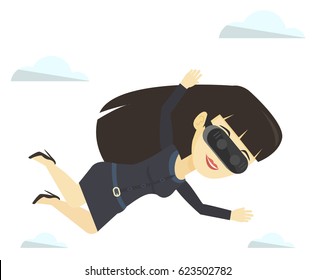 Woman wearing virtual reality headset and flying. Woman in vr device having fun while playing videogame. Woman flying in virtual reality. Vector flat design illustration isolated on white background.