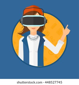 Woman wearing a virtual relaity headset. Woman in a virtual relaity headset pointing a forefinger up while playing video game. Vector flat design illustration in the circle isolated on background.