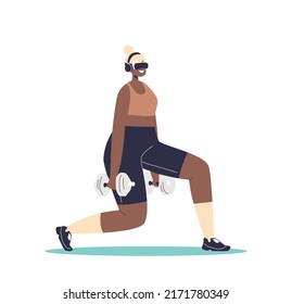 Woman wearing vr 3d glasses doing workout at home. Female in virtual reality headset lifting barbell on simulator fitness with vr technology. Cartoon flat vector illustration