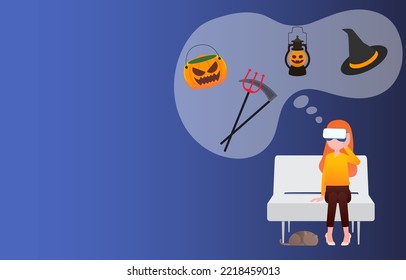 Woman wearing VR glasses to experience 3D Halloween products on metaverse screen. Vector illustration of the future.