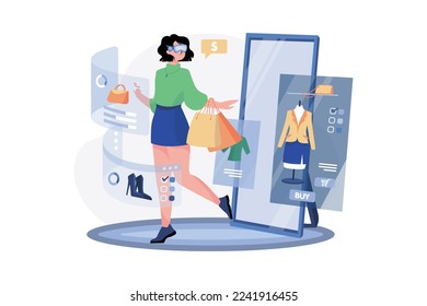 Woman wearing VR glasses having 3D experience in shopping in the metaverse.