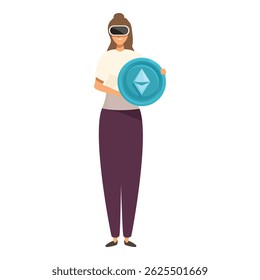Woman wearing vr glasses holding ethereum crypto currency coin, virtual world and blockchain technology concept illustration