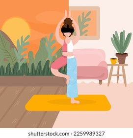 Woman wearing VR glasses for practices yoga and meditation in nature simulation at home. Virtual Reality Technology for mental and physical health. Flat vector illustration.