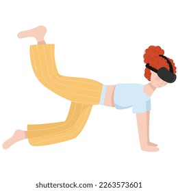 Woman wearing VR glasses for practices yoga and meditation at home. Virtual Reality Technology for mental and physical health. Flat vector illustration.