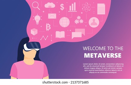 Woman wearing VR glasses virtual Global Internet connection metaverse with a new experience in metaverse virtual world. Metaverse technology concept Innovation of futuristic.Vector illustration.