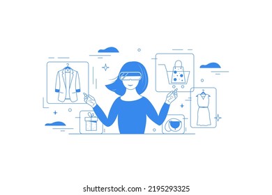 Woman wearing VR glasses virtual Global Internet connection metaverse with a new experience in metaverse virtual world. Metaverse technology concept Innovation of futuristic. Online shopping. Vector .