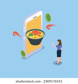 woman wearing VR goggle having 3d experience ordering food online isometric 3d vector illustration concept for banner, website, illustration, landing page, flyer, etc.