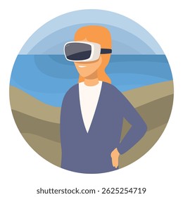 Woman wearing vr headset enjoying virtual reality experience on the beach, innovative technology for recreation and entertainment