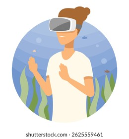 Woman is wearing vr headset and exploring underwater world, virtual reality travel concept