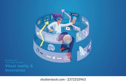 A woman wearing a VR headset floating in cyberspace. Simulation of the virtual digital world for entertainment and visual experience in the metaverse. Flat vector illustration