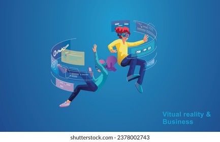 A woman wearing a VR headset floating in cyberspace. Simulation of the virtual digital world for entertainment and visual experience in the metaverse. Flat vector illustration